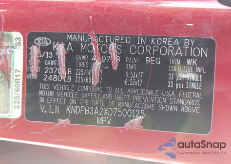 2013 Kia Sportage Lx z USA, uszkodzony, nr VIN KNDPB3A2XD7500125